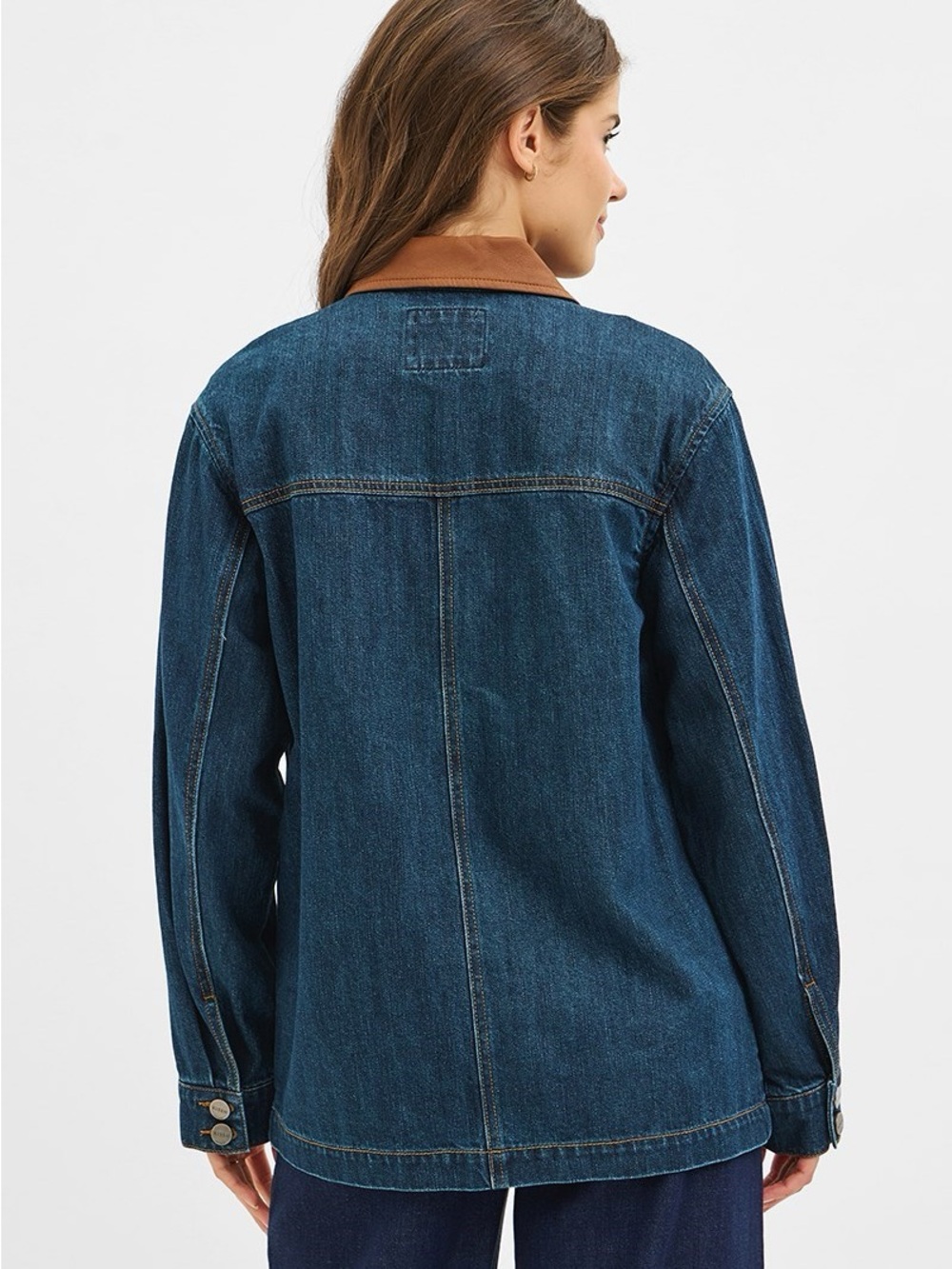 532. RISEN Denim Brown Leather Collar Jacket NEW - Picture 2 of 2